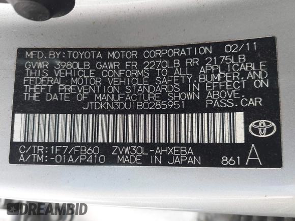 2011 Toyota Prius I with VIN JTDKN3DU1B0285951, listed as a IAAI auction lot 41963891 with 165,744 mi miles. Bid and sale history available at carsss.com. Image 9.