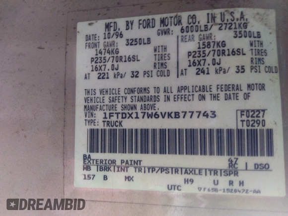 1997 Ford F-150 with VIN 1FTDX17W6VKB77743, listed as a IAAI auction lot 42633936 with 111,152 mi miles and . Bid and sale history available at DreamBid. Image 9.