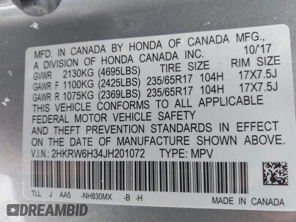 2018 Honda CR-V LX with VIN 2HKRW6H34JH201072, listed as a IAAI auction lot 41636319 with 152,705 mi miles. Bid and sale history available at carsss.com. Image 9.