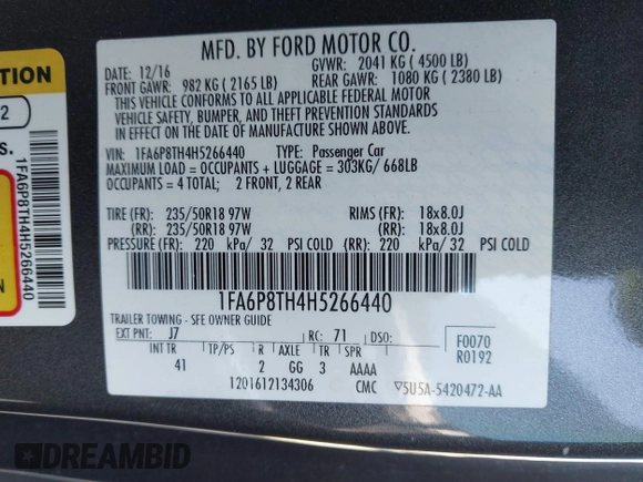 2017 Ford Mustang EcoBoost with VIN 1FA6P8TH4H5266440, listed as a IAAI auction lot 41801959 with 75,062 mi miles. Bid and sale history available at carsss.com. Image 9.