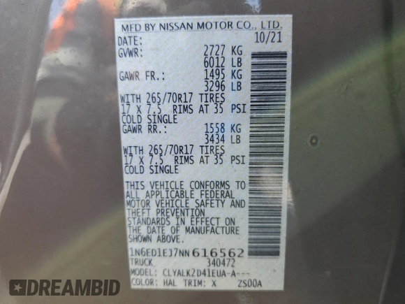 2022 Nissan Frontier Pro-X z VIN 1N6ED1EJ7NN616562, wystawiony jako Copart lot #62711855 z przebiegiem 19 579 mil mil oraz Szkoda całkowita • Salvage title. Historia ofert i sprzedaży dostępna na DreamBid. Obrazek 12.