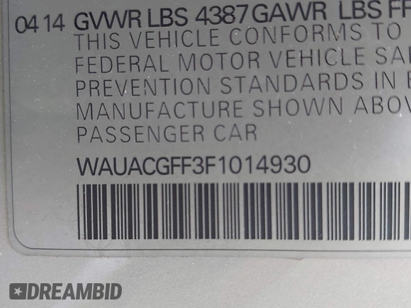 2015 Audi A3 Premium with VIN WAUACGFF3F1014930, listed as a IAAI auction lot 42382661 with 125,290 mi miles and . Bid and sale history available at DreamBid. Image 9.