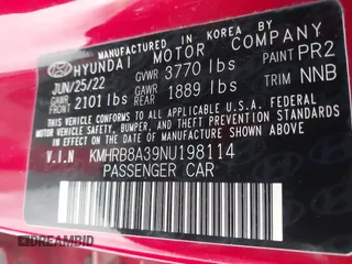 2022 Hyundai Venue SE with VIN KMHRB8A39NU198114, listed as a IAAI auction lot 41538049 with 39,523 mi miles and . Bid and sale history available at DreamBid. Image 9.