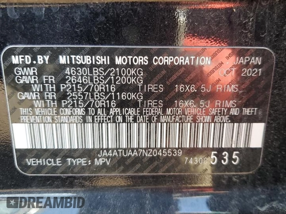 2022 Mitsubishi Eclipse Cross ES with VIN JA4ATUAA7NZ045539, listed as a Copart auction lot 84647374 with 41,995 mi miles and Clean title. Bid and sale history available at DreamBid. Image 13.
