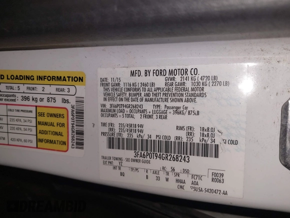 2016 Ford Fusion SE with VIN 3FA6P0T94GR268243, listed as a IAAI auction lot 41690685 with 63,327 mi miles. Bid and sale history available at carsss.com. Image 9.