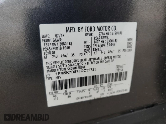 2018 Ford Explorer XLT z VIN 1FM5K7D87JGC32723, wystawiony jako Copart lot #51791465 z przebiegiem 121 053 mil mil oraz Szkoda całkowita • Salvage title. Historia ofert i sprzedaży dostępna na DreamBid. Obrazek 15.