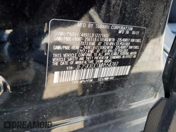 2021 Subaru Forester with VIN JF2SKADC0MH554287, listed as a Copart auction lot 69878264 with 62,527 mi miles and Salvage Title. Bid and sale history available at carsss.com. Image 13.