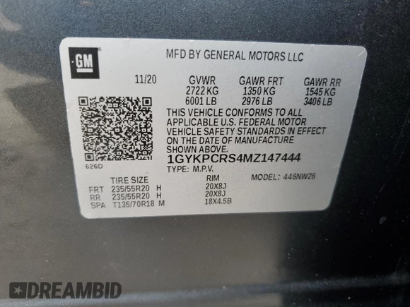 2021 Cadillac XT6 Premium Luxury with VIN 1GYKPCRS4MZ147444, listed as a Copart auction lot 44636035 with 38,160 mi miles and Salvage Title. Bid and sale history available at DreamBid. Image 13.
