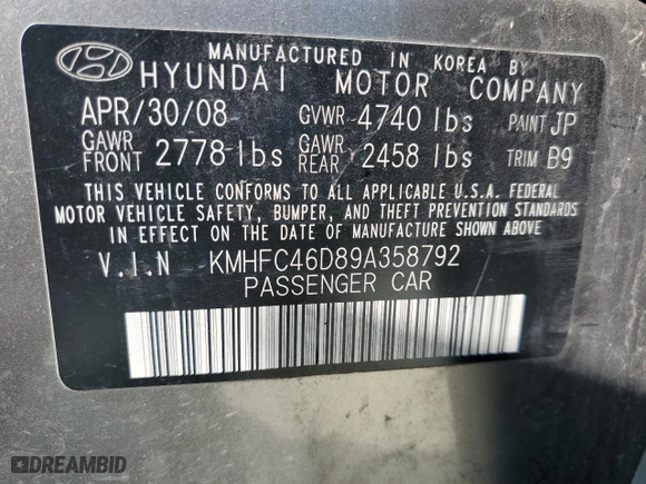 2009 Hyundai Azera GLS with VIN KMHFC46D89A358792, listed as a Copart auction lot 76666414 with 260,567 mi miles and Clean Title. Bid and sale history available at carsss.com. Image 12.