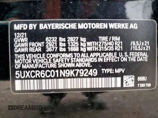 2022 BMW X5 xDrive40i with VIN 5UXCR6C01N9K79249, listed as a Copart auction lot 59142615 with 46,758 mi miles and Salvage title. Bid and sale history available at DreamBid. Image 13.