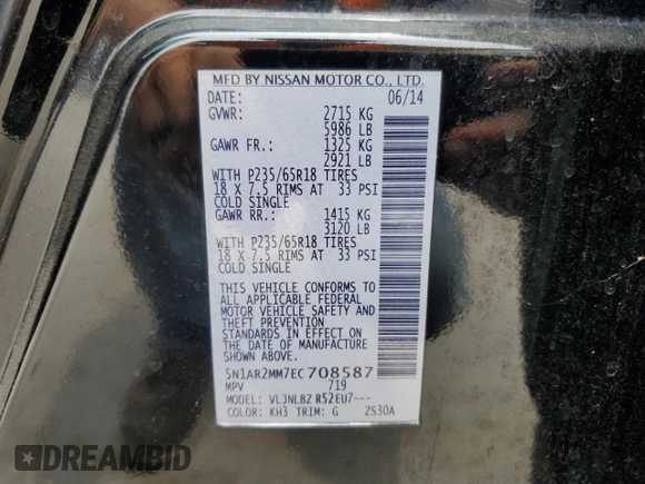 2014 Nissan Pathfinder SL with VIN 5N1AR2MM7EC708587, listed as a Copart auction lot 59319405 with 206,268 mi miles and Clean title. Bid and sale history available at DreamBid. Image 13.
