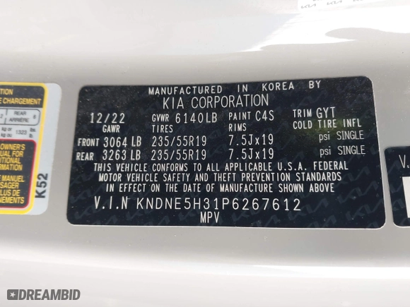 2023 Kia Carnival SX Prestige with VIN KNDNE5H31P6267612, listed as a IAAI auction lot 41277344 with 38,731 mi miles. Bid and sale history available at carsss.com. Image 9.