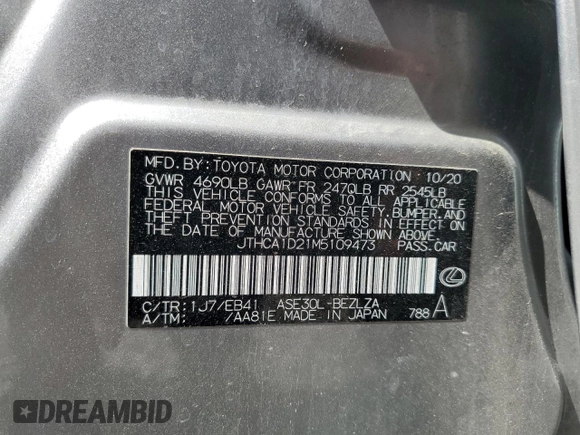 2021 Lexus IS with VIN JTHCA1D21M5109473, listed as a Copart auction lot 50994855 with 65,111 mi miles and Salvage Title. Bid and sale history available at carsss.com. Image 12.