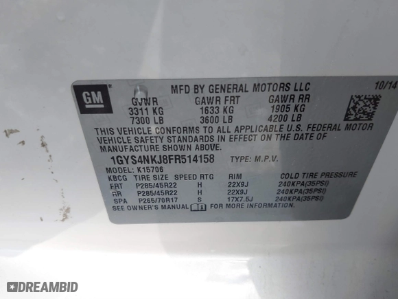 2015 Cadillac Escalade Premium with VIN 1GYS4NKJ8FR514158, listed as a IAAI auction lot 41561419 with 172,470 mi miles. Bid and sale history available at carsss.com. Image 9.