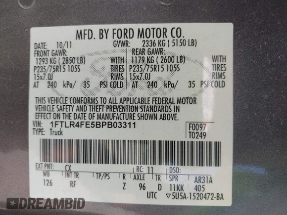 2011 Ford Ranger XLT with VIN 1FTLR4FE5BPB03311, listed as a IAAI auction lot 42170019 with 111,224 mi miles and . Bid and sale history available at DreamBid. Image 9.
