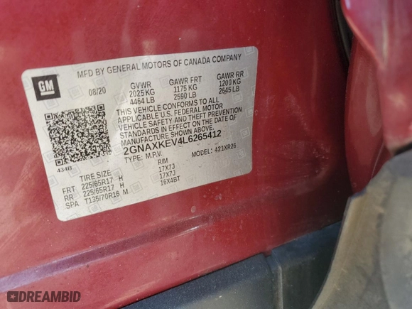2020 Chevrolet Equinox LT with VIN 2GNAXKEV4L6265412, listed as a Copart auction lot 46495915 with 75,027 mi miles and Salvage Title. Bid and sale history available at carsss.com. Image 15.