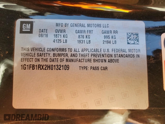 2017 Chevrolet Camaro 1LT z VIN 1G1FB1RX2H0132109, wystawiony jako Copart lot #49924125 z przebiegiem 48 504 mil mil oraz Szkoda całkowita • Salvage title. Historia ofert i sprzedaży dostępna na DreamBid. Obrazek 12.