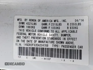 2014 Honda Accord Sedan Sport with VIN 1HGCR2F52EA204769, listed as a IAAI auction lot 41998267 with 53,496 mi miles. Bid and sale history available at carsss.com. Image 9.