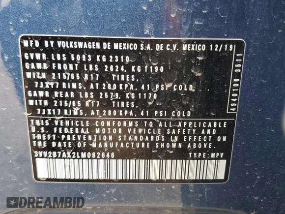 2020 Volkswagen Tiguan SE with VIN 3VV2B7AX2LM082646, listed as a Copart auction lot 51425425 with 53,110 mi miles and Salvage Title. Bid and sale history available at DreamBid. Image 14.