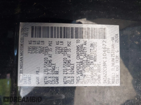 2023 Nissan Murano SL z VIN 5N1AZ2CS9PC104672, wystawiony jako IAAI lot #41697937 z przebiegiem 135 285 mil mil oraz . Historia ofert i sprzedaży dostępna na DreamBid. Obrazek 9.
