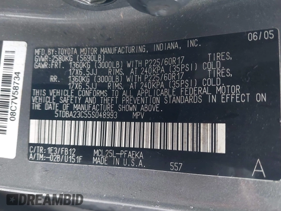 2005 Toyota Sienna LE with VIN 5TDBA23C55S048993, listed as a IAAI auction lot 41637805 with 157,959 mi miles. Bid and sale history available at carsss.com. Image 9.