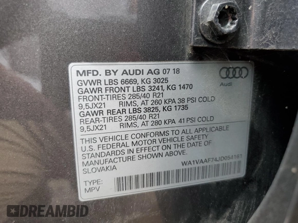 2018 Audi Q7 Prestige with VIN WA1VAAF74JD054161, listed as a Copart auction lot 64581655 with 112,426 mi miles and Clean title. Bid and sale history available at DreamBid. Image 13.