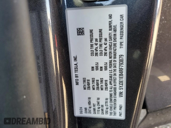 2024 Tesla Model 3 Long Range with VIN 5YJ3E1EB4RF793879, listed as a Copart auction lot 48727785 with 11,739 mi miles and Salvage Title. Bid and sale history available at DreamBid. Image 12.