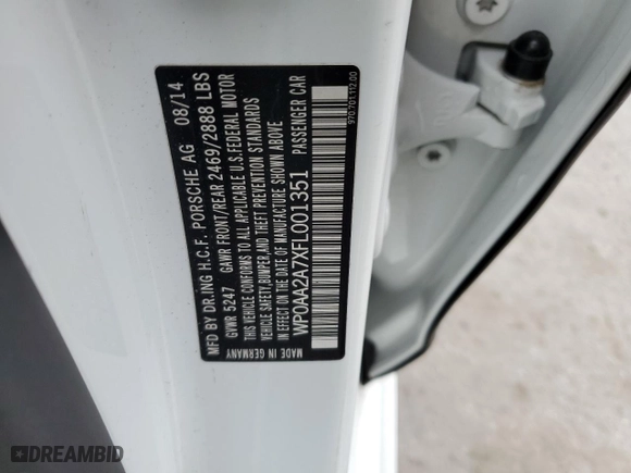 2015 Porsche Panamera 4 with VIN WP0AA2A7XFL001351, listed as a Copart auction lot 71398614 with 51,125 mi miles and Salvage Title. Bid and sale history available at carsss.com. Image 13.