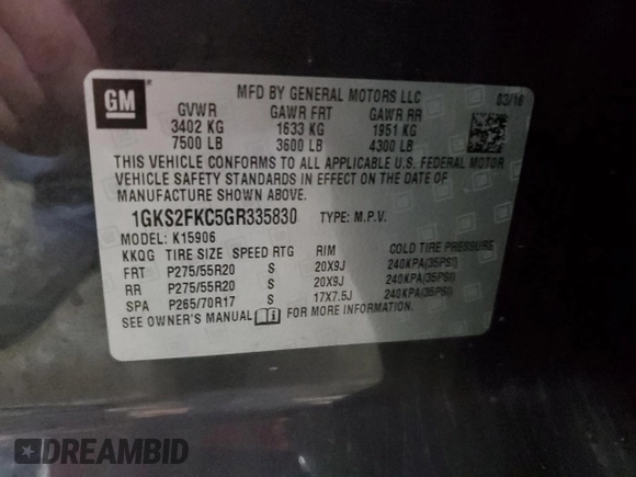 2016 GMC Yukon XL SLE with VIN 1GKS2FKC5GR335830, listed as a Copart auction lot 71294384 with 85,092 mi miles and Salvage Title. Bid and sale history available at carsss.com. Image 14.