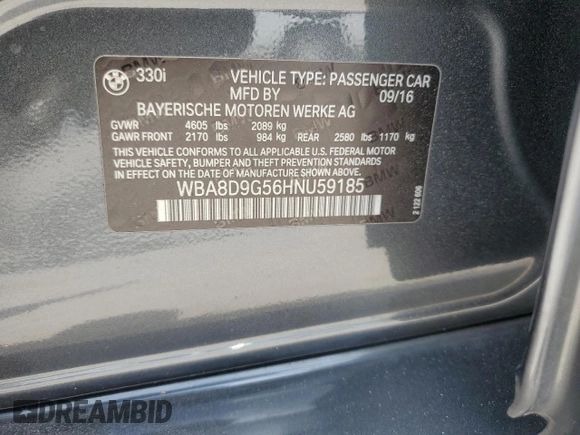 2017 BMW 3 Series 330i xDrive with VIN WBA8D9G56HNU59185, listed as a Copart auction lot 57411935 with 162,865 mi miles and Salvage title. Bid and sale history available at DreamBid. Image 13.