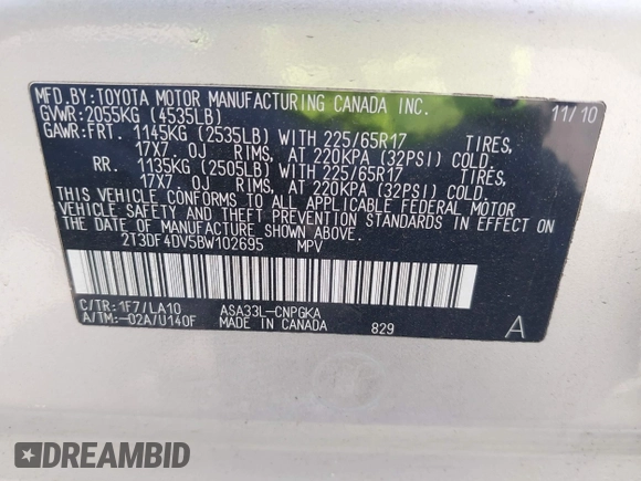 2011 Toyota RAV4 Limited with VIN 2T3DF4DV5BW102695, listed as a IAAI auction lot 42445277 with 198,691 mi miles and . Bid and sale history available at DreamBid. Image 9.