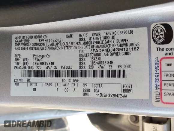 2016 Ford Fiesta SE with VIN 3FADP4BJ4GM101162, listed as a IAAI auction lot 42240414 with 216,099 mi miles and . Bid and sale history available at DreamBid. Image 9.