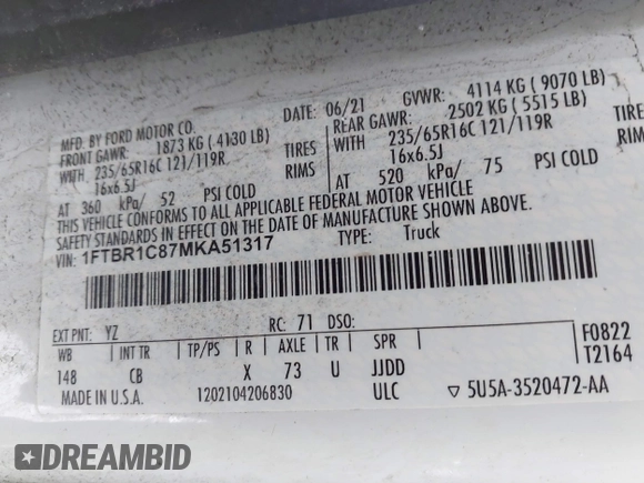 2021 Ford Transit Cargo with VIN 1FTBR1C87MKA51317, listed as a IAAI auction lot 41257947 with 62,000 mi miles and . Bid and sale history available at DreamBid. Image 9.