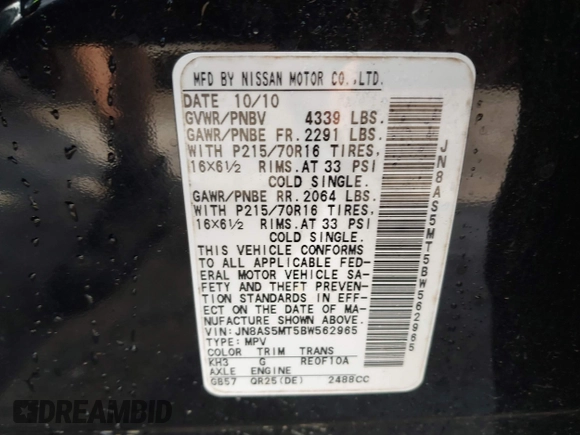 2011 Nissan Rogue SV with VIN JN8AS5MT5BW562965, listed as a IAAI auction lot 41877088 with Not Provided miles. Bid and sale history available at carsss.com. Image 9.