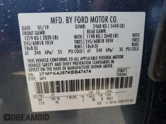 2019 Ford Edge SEL with VIN 2FMPK4J97KBB47474, listed as a Copart auction lot 52190325 with 80,520 mi miles and Salvage title. Bid and sale history available at DreamBid. Image 13.