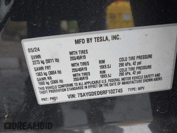 2024 Tesla Model Y с VIN 7SAYGDED6RF102745, выставлен на аукционе IAAI как лот 41824709 с пробегом 13 842 миль миль и . История ставок и продаж доступна на DreamBid. Изображение 9.