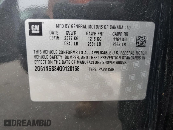2016 Cadillac XTS Luxury Collection with VIN 2G61N5S34G9120168, listed as a Copart auction lot 61776225 with 83,721 mi miles and Salvage title. Bid and sale history available at DreamBid. Image 12.