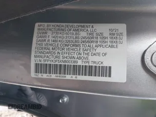 2022 Honda Ridgeline RTL с VIN 5FPYK3F5XNB003389, выставлен на аукционе IAAI как лот 42180799 с пробегом Не указан миль и . История ставок и продаж доступна на DreamBid. Изображение 9.
