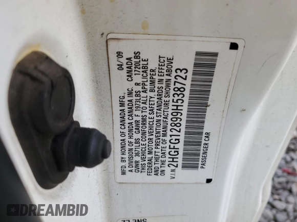 2009 Honda Civic EX with VIN 2HGFG12899H538723, listed as a Copart auction lot 55562105 with 196,899 mi miles and Salvage Title. Bid and sale history available at DreamBid. Image 12.