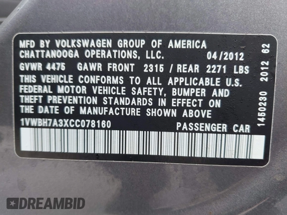 2012 Volkswagen Passat SE с VIN 1VWBH7A3XCC078160, выставлен на аукционе IAAI как лот 42229424 с пробегом 179 988 миль миль и . История ставок и продаж доступна на DreamBid. Изображение 9.