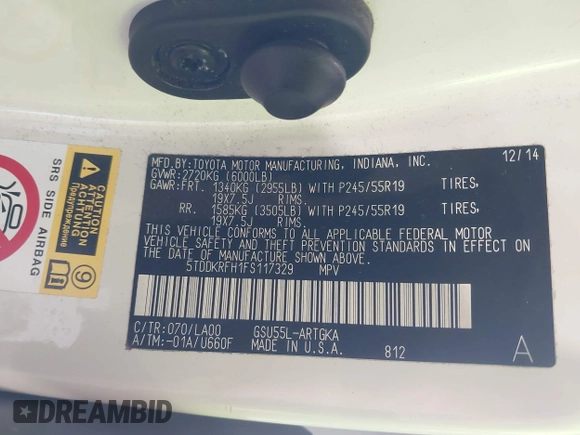 2015 Toyota Highlander Limited with VIN 5TDDKRFH1FS117329, listed as a IAAI auction lot 42776835 with 67,889 mi miles and . Bid and sale history available at DreamBid. Image 9.