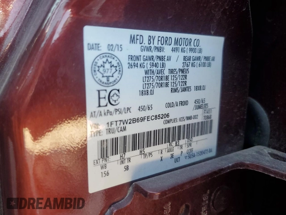 2015 Ford F-250 Lariat with VIN 1FT7W2B69FEC85206, listed as a Copart auction lot 63367665 with 195,568 mi miles and Clean title. Bid and sale history available at DreamBid. Image 12.