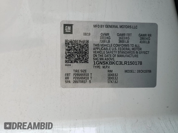 2020 Chevrolet Tahoe LT with VIN 1GNSKBKC3LR150178, listed as a Copart auction lot 54873835 with 115,856 mi miles and Salvage title. Bid and sale history available at DreamBid. Image 13.
