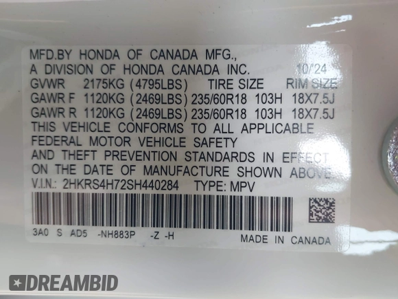 2025 Honda CR-V EX-L with VIN 2HKRS4H72SH440284, listed as a IAAI auction lot 42013627 with 5,315 mi miles and . Bid and sale history available at DreamBid. Image 9.