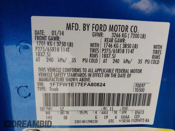 2014 Ford F-150 XL with VIN 1FTFW1ET7EFA80824, listed as a IAAI auction lot 42292394 with 152,939 mi miles and . Bid and sale history available at DreamBid. Image 9.