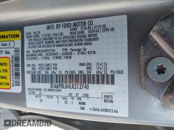2020 Ford Fusion SE with VIN 3FA6P0LU4LR212740, listed as a IAAI auction lot 42374044 with 146,927 mi miles and . Bid and sale history available at DreamBid. Image 9.
