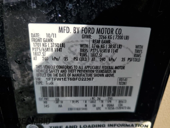 2011 Ford F-150 XLT with VIN 1FTFW1ET6BFD22367, listed as a Copart auction lot 51468775 with 200,051 mi miles and Salvage Title. Bid and sale history available at carsss.com. Image 12.