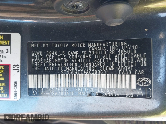 2010 Toyota Corolla with VIN 2T1BU4EE4AC389631, listed as a IAAI auction lot 41732524 with Not Provided miles. Bid and sale history available at carsss.com. Image 9.