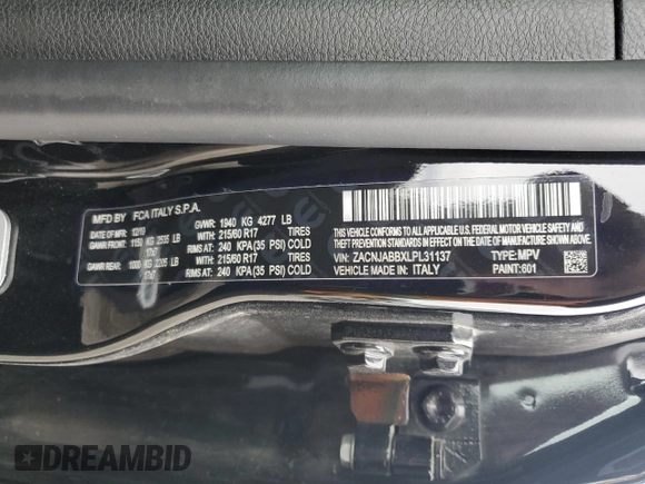 2020 Jeep Renegade Altitude with VIN ZACNJABBXLPL31137, listed as a Copart auction lot 49478765 with 37,693 mi miles and Salvage Title. Bid and sale history available at DreamBid. Image 14.