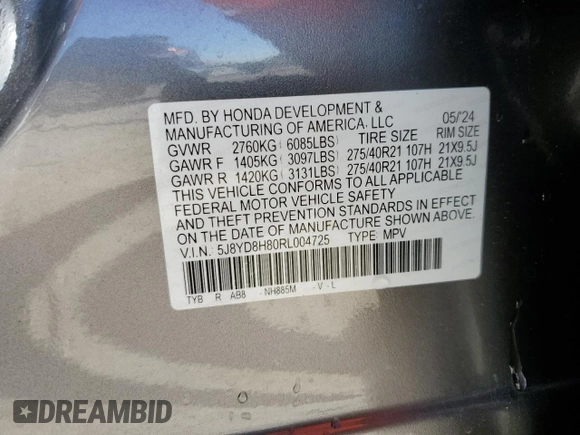 2024 Acura MDX Type S w/Advance Package with VIN 5J8YD8H80RL004725, listed as a Copart auction lot 43341905 with 6,211 mi miles and Salvage Title. Bid and sale history available at carsss.com. Image 13.